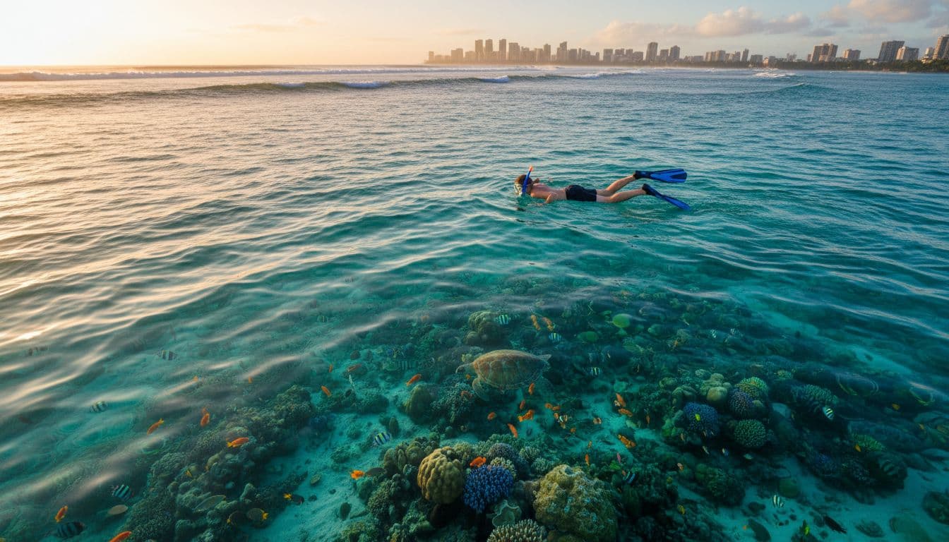 Snorkeler above vibrant coral reef with fish and sea turtle in calm turquoise ocean off Honolulu coast.