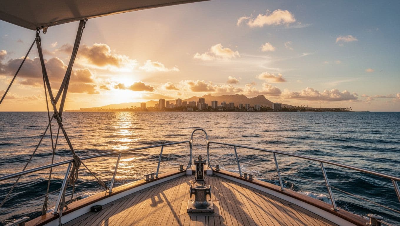 The sun dips below the horizon, casting a warm golden glow across the calm Pacific Ocean waters.