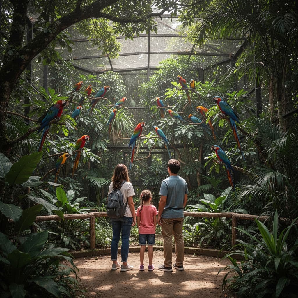 Family looks at colorful tropical birds in large enclosure amid lush green trees at Honolulu Zoo.
