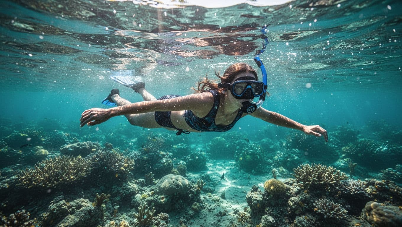 A snorkeler floats horizontally above a colorful coral reef in clear turquoise water.