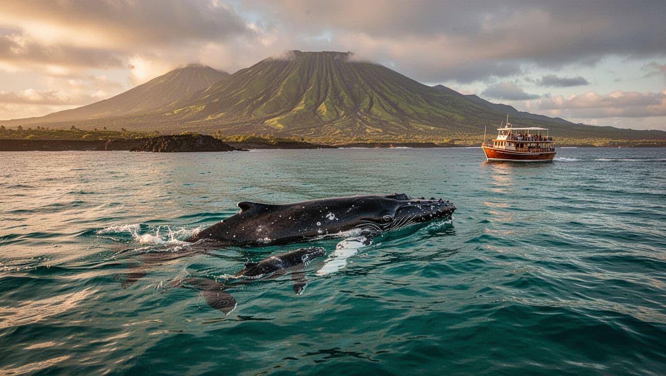 Humpback whale mother and calf swim in turquoise waters off Oahu coastline with distant tour boat.