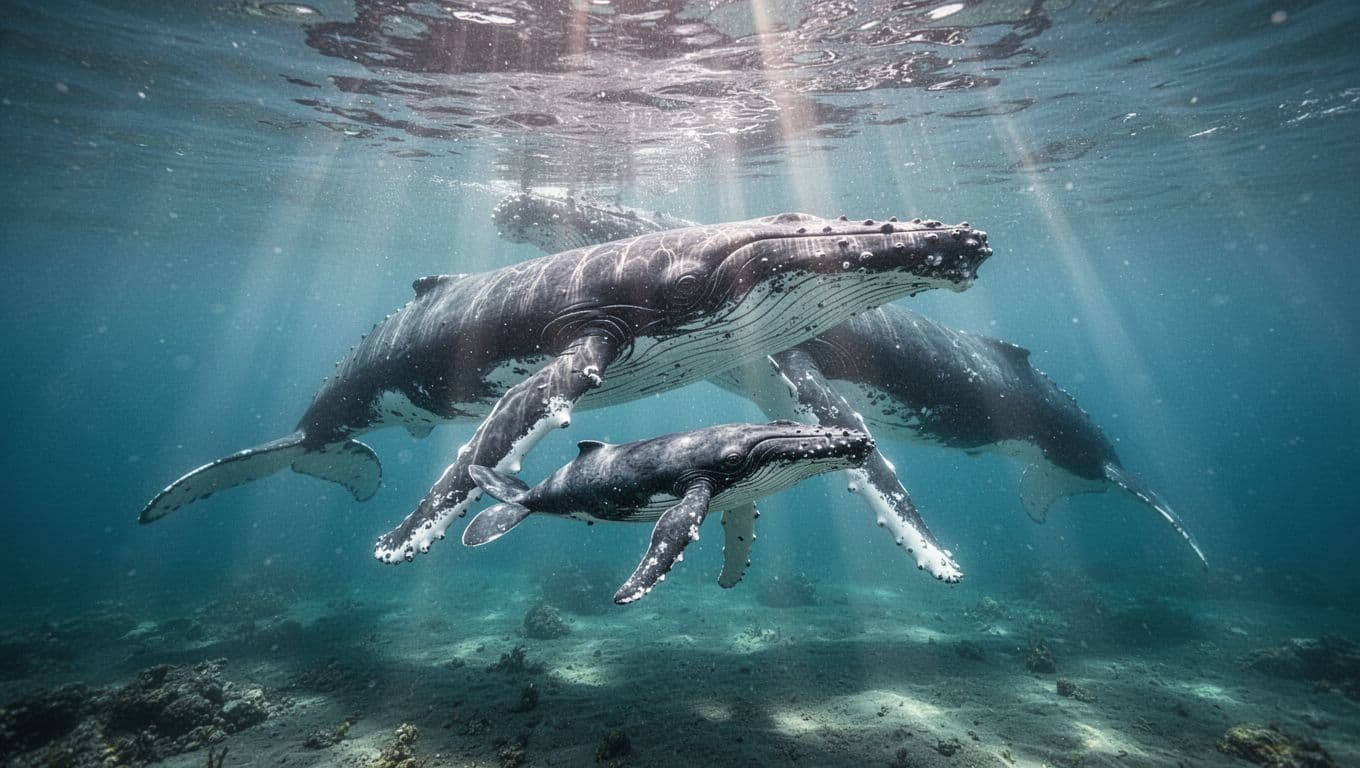 Humpback whale mother swims with newborn calf in shallow turquoise waters off Oahu, sun rays piercing surface from underwater angle.
