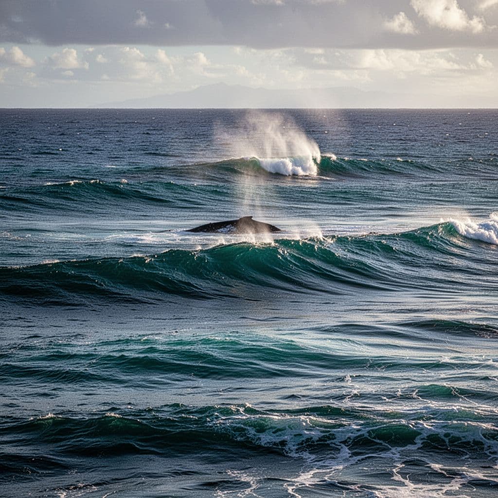 A faint misty whale blow rises above rolling ocean waves off the coast of Honolulu.
