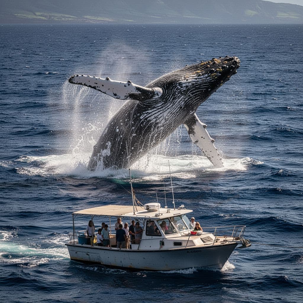 A massive humpback whale erupts from the deep blue Hawaiian waters, its body arching high above the surface. A small tour boat filled with eager observers watches the spectacular marine display.