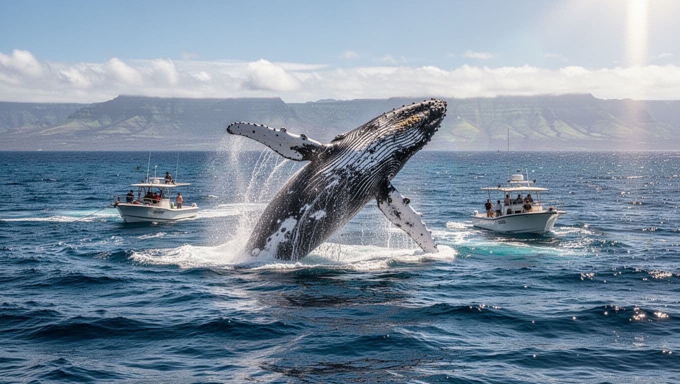 A massive humpback whale breaches above the sparkling blue Pacific surface beside a small passenger boat. Brilliant sunlight illuminates the water droplets and the majestic texture of the whale's dark skin.