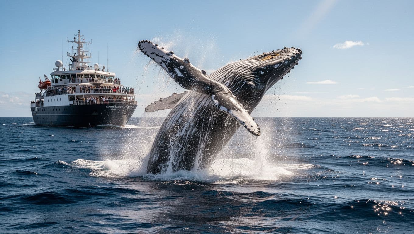 A massive humpback whale erupts from deep blue Pacific waters, sending white foam into the air beside a tourist vessel. Bright sunlight highlights the animal's textured skin during this dramatic display.