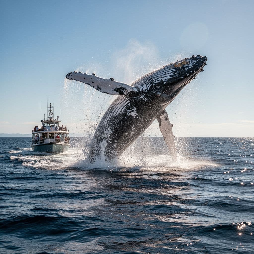 A massive humpback whale leaps out of the deep blue ocean beside a tourist boat.