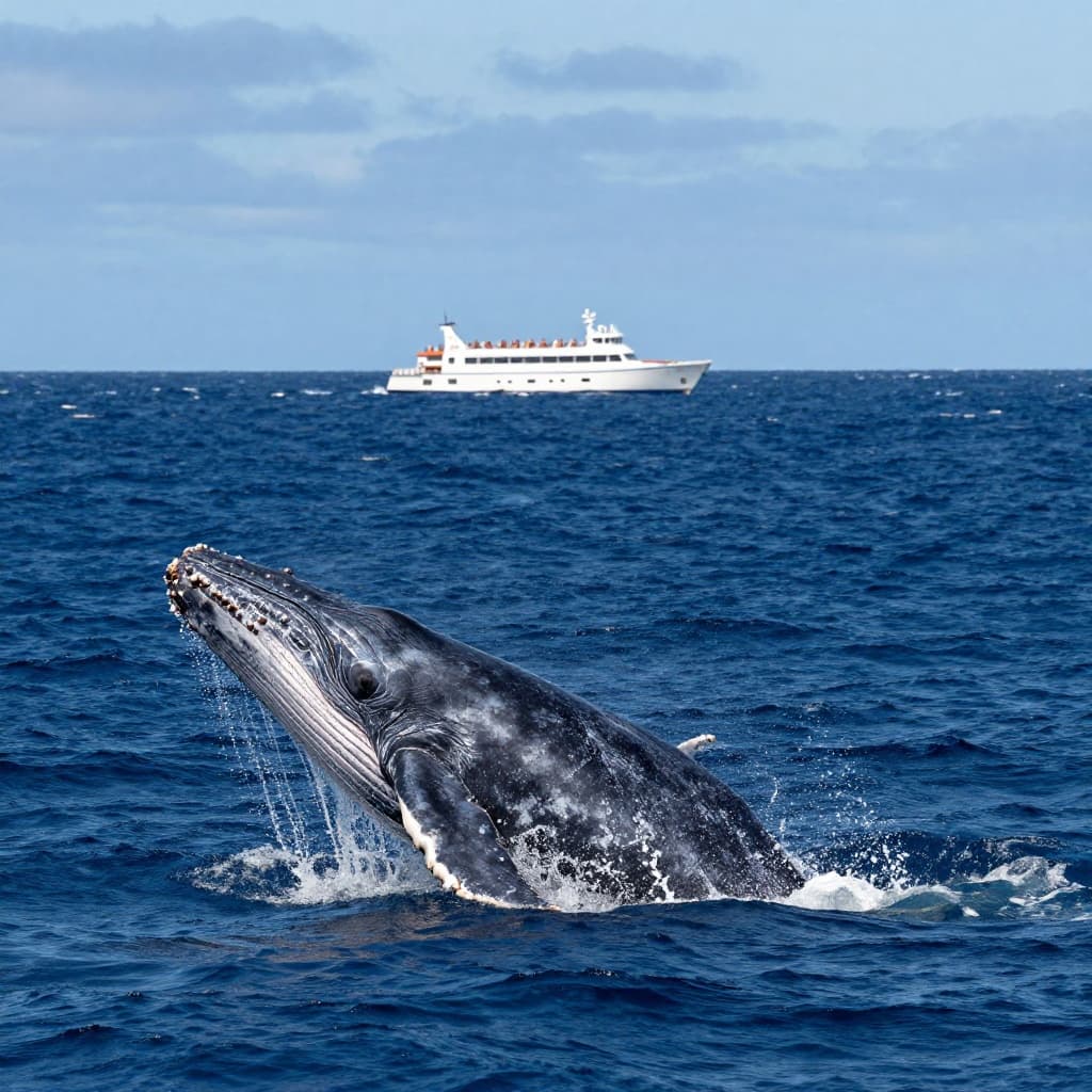 A massive humpback whale breaches out of deep blue ocean water beside a large passenger vessel.