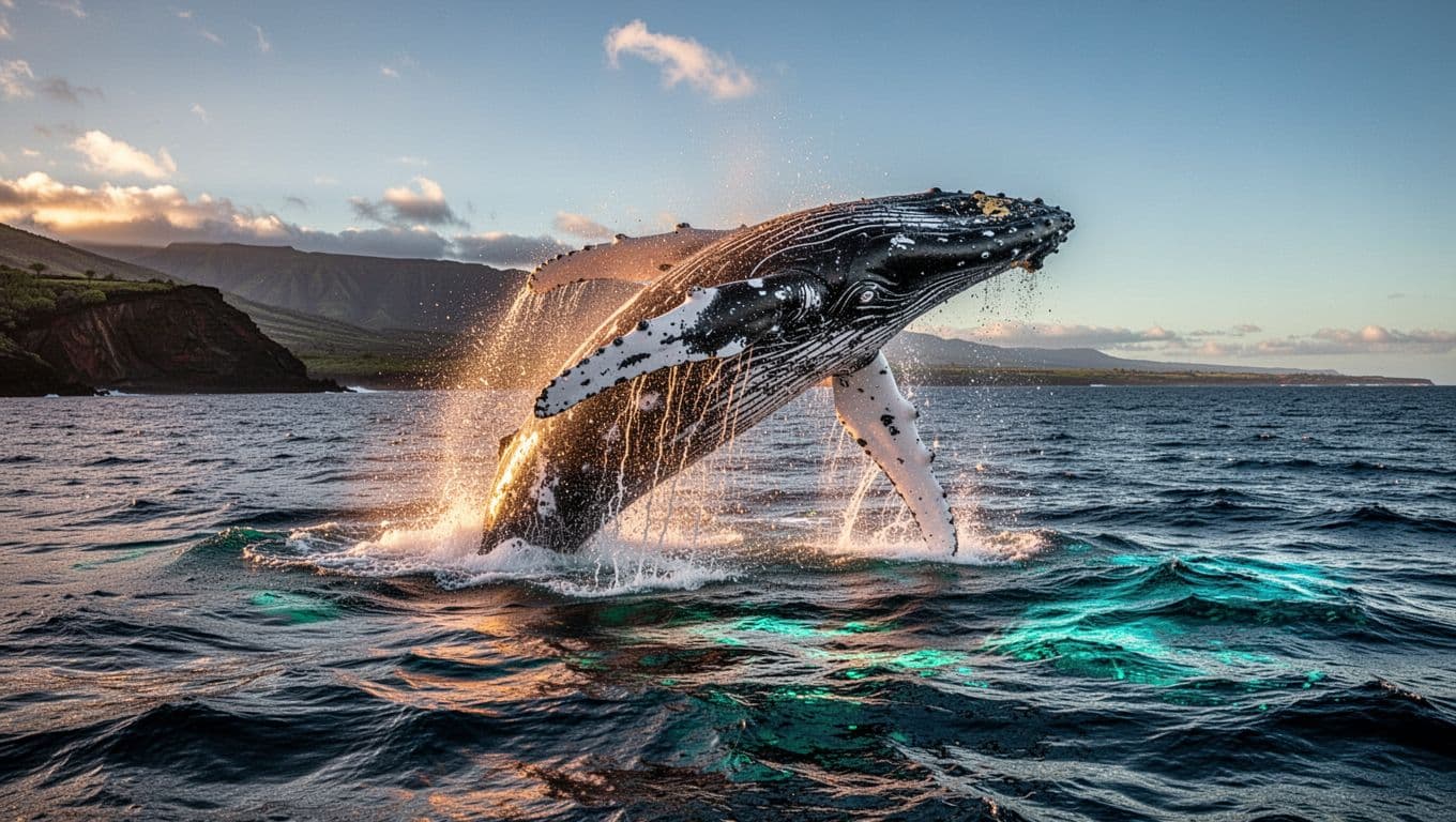 A massive humpback whale erupts from the deep blue ocean, surrounded by sparkling cyan water droplets. The dramatic sunlight highlights the textured barnacles and mottled skin on the whale's dark body.