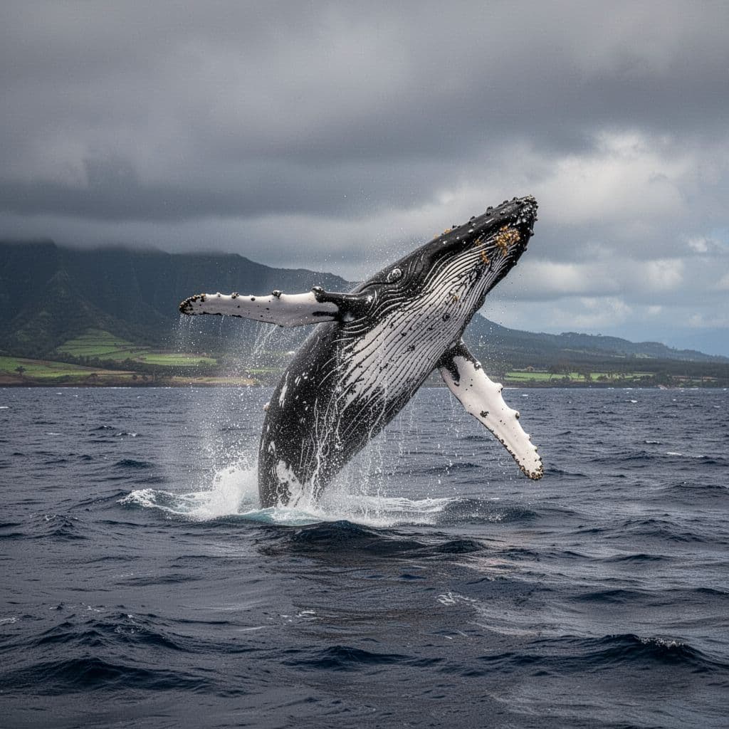 A humpback whale leaps above the Pacific Ocean under a dramatic, cloudy Hawaiian sky.