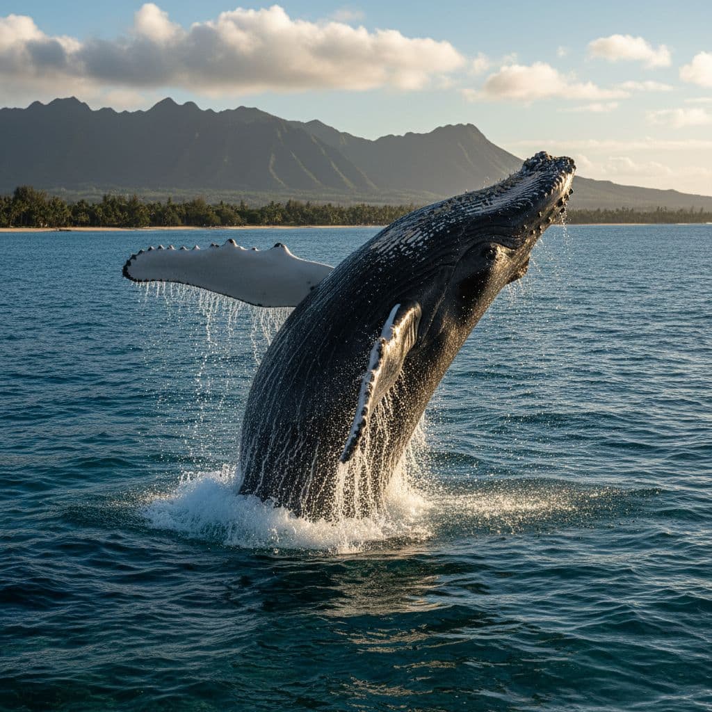 Humpback whale breaches from deep blue ocean in clear tropical waters near Hawaii coast.