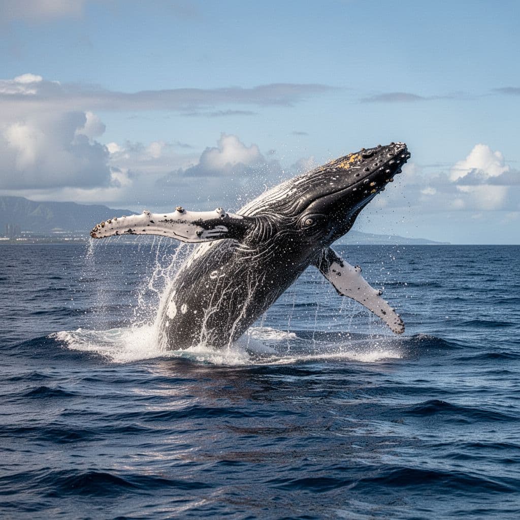 A single humpback whale leaps high above the deep blue Pacific Ocean waters near the Honolulu coastline.
