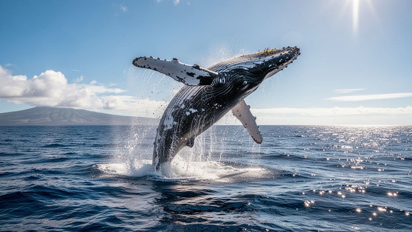 A humpback whale leaps high above the deep blue ocean surface under a bright sunny sky.