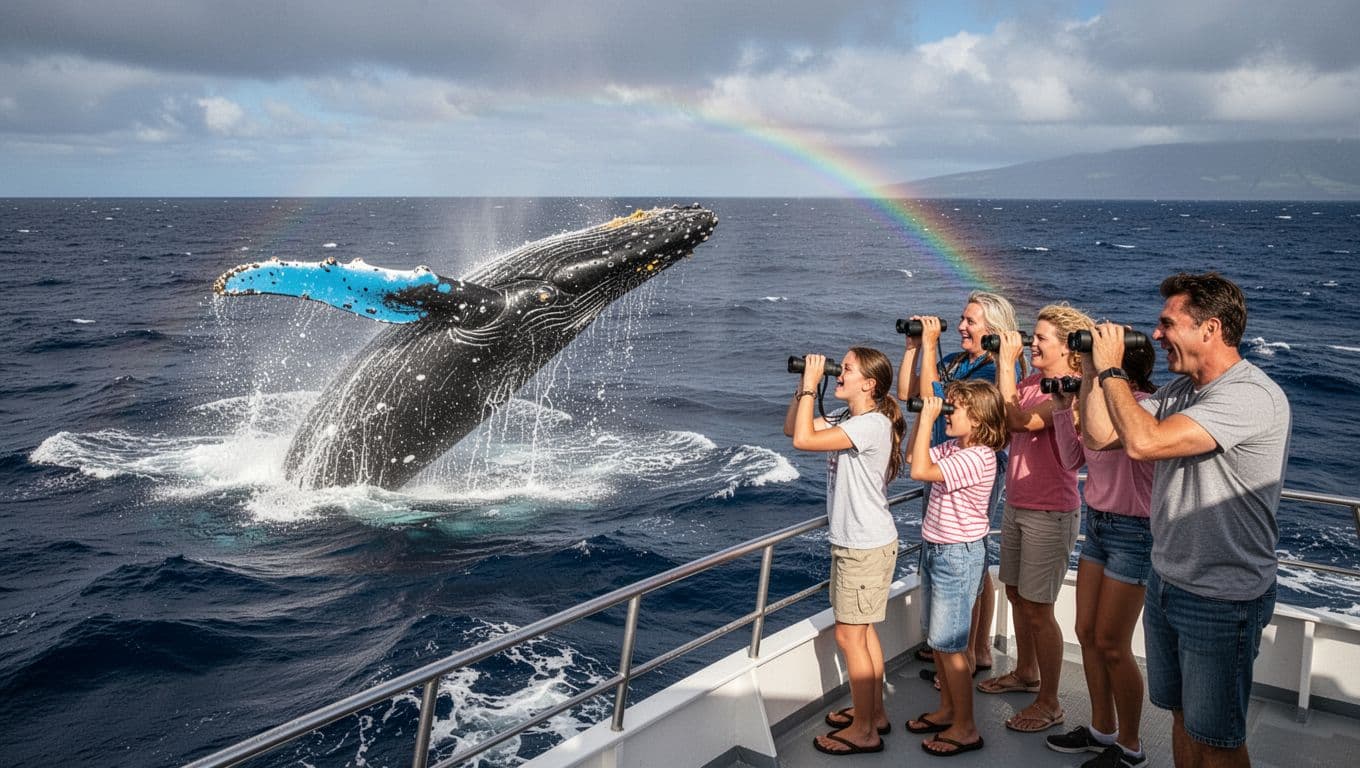 Whale watching boat with humpback whales breaching near the vessel, ocean spray mist and rainbow effects, Kona coastline background, excited family of six on deck with binoculars, cinematic dramatic lighting.