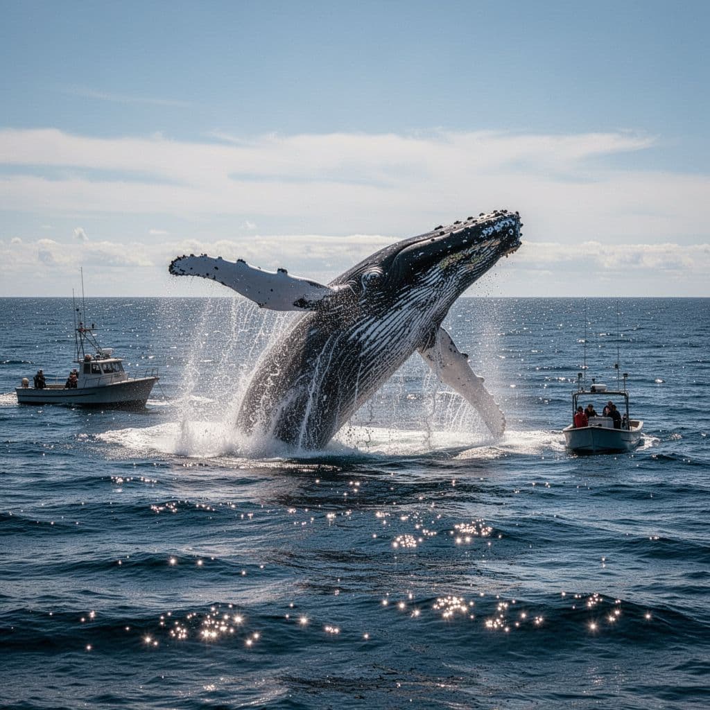 A humpback whale jumps out of the blue ocean water alongside a small tour boat.