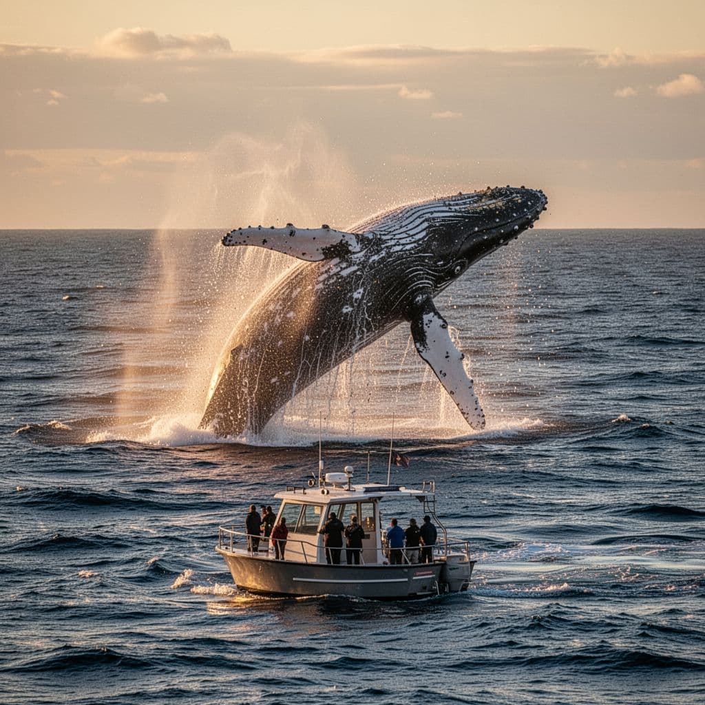 A massive humpback whale erupts from the deep blue ocean, casting a fine mist of water droplets into the air. A nearby tour boat full of eager guests watches the majestic display.