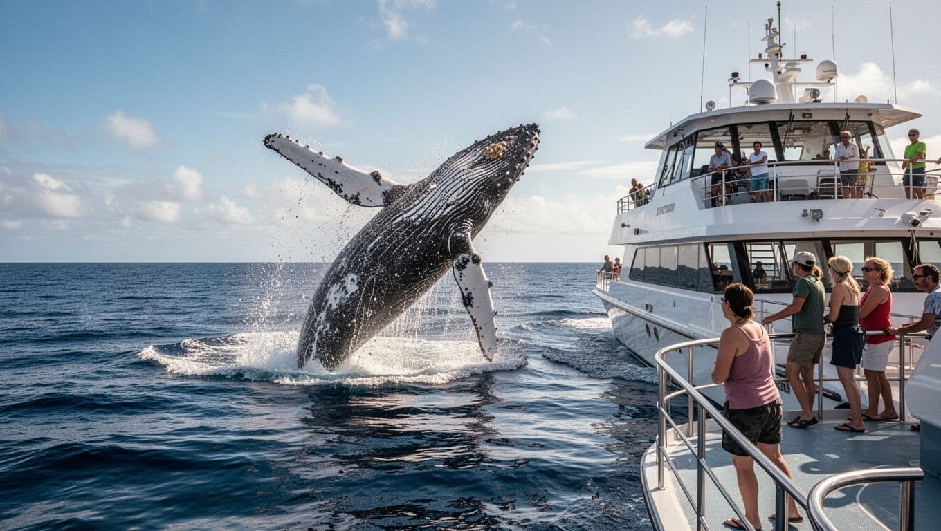 A massive humpback whale breaks the surface of the deep blue Pacific Ocean near a modern double-decker tour vessel. Onlookers on the boat deck watch the spectacular wildlife display in silence.