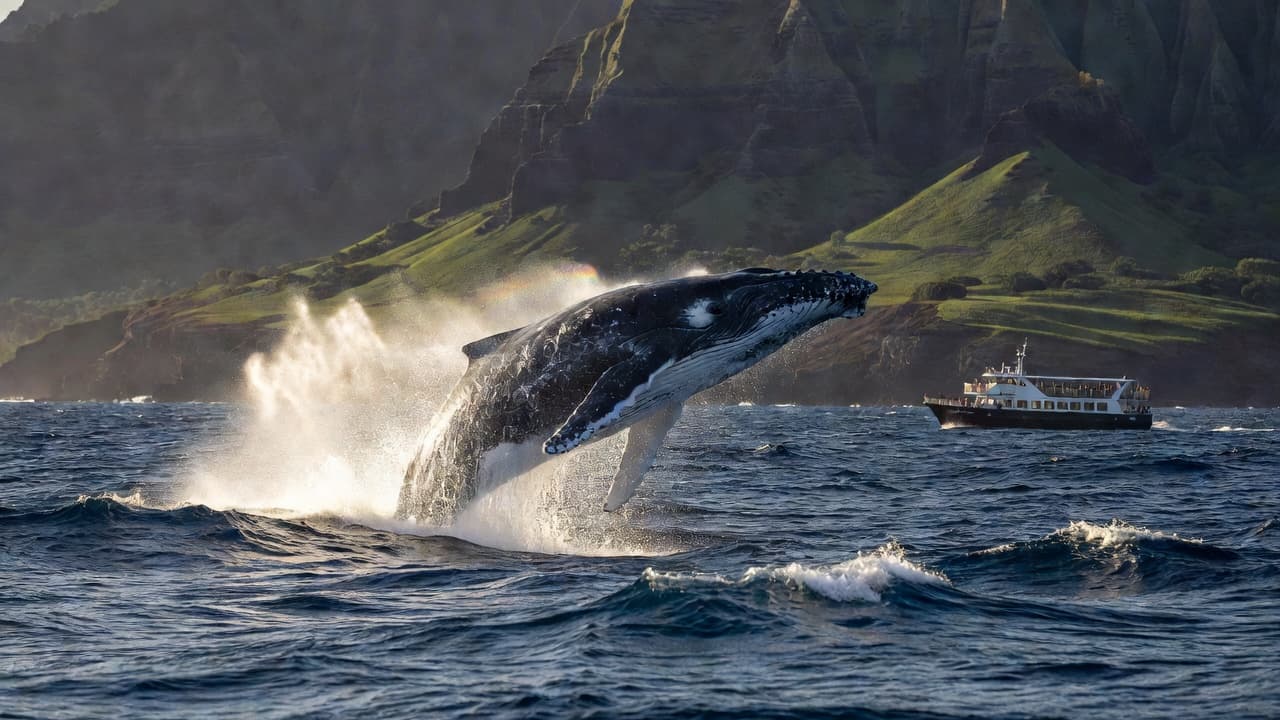 A massive humpback whale leaps dramatically out of deep blue Pacific waters near the rocky Oahu coastline. In the distant background, a small double-decker tour boat navigates through the ocean swells.