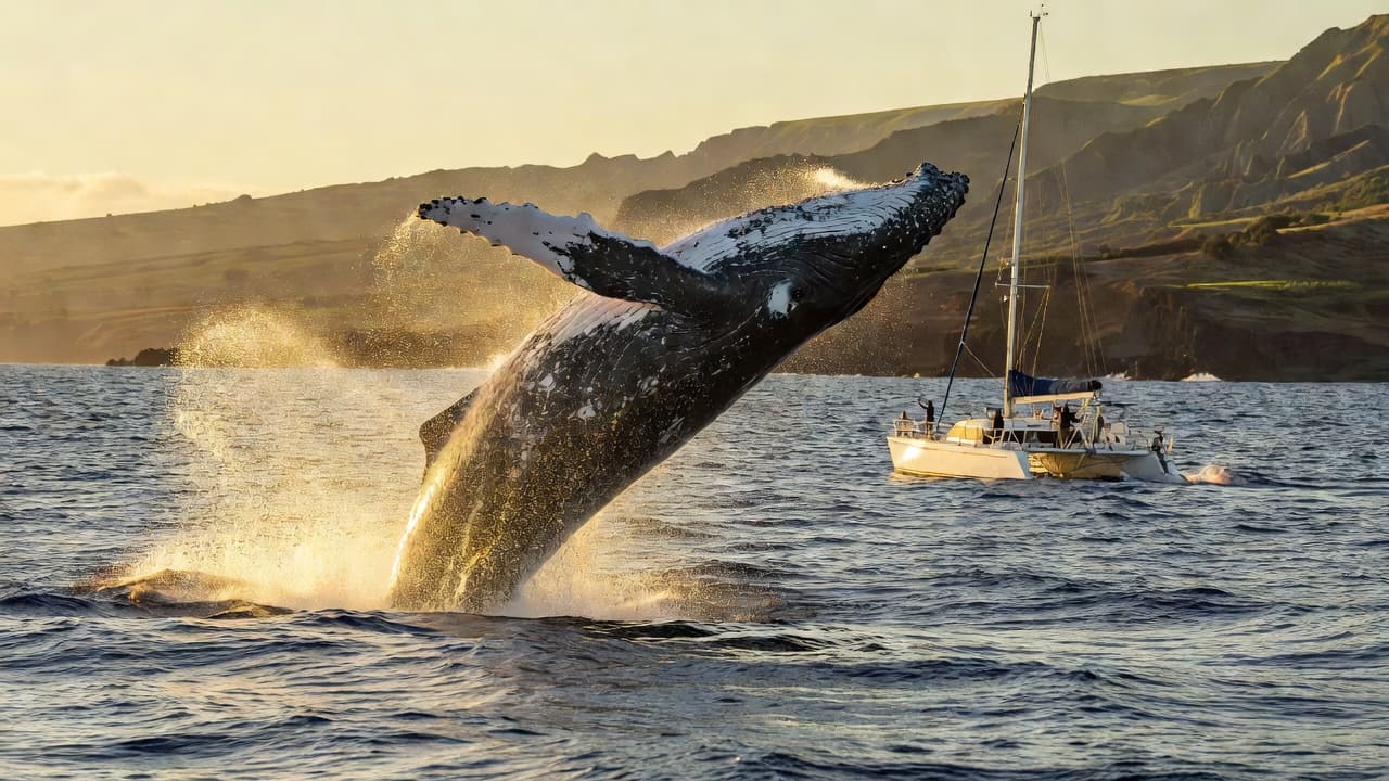 A massive humpback whale launches its powerful body out of the dark blue Pacific waters. Dramatic white water spray splashes high into the air against the scenic Hawaiian coastline backdrop.