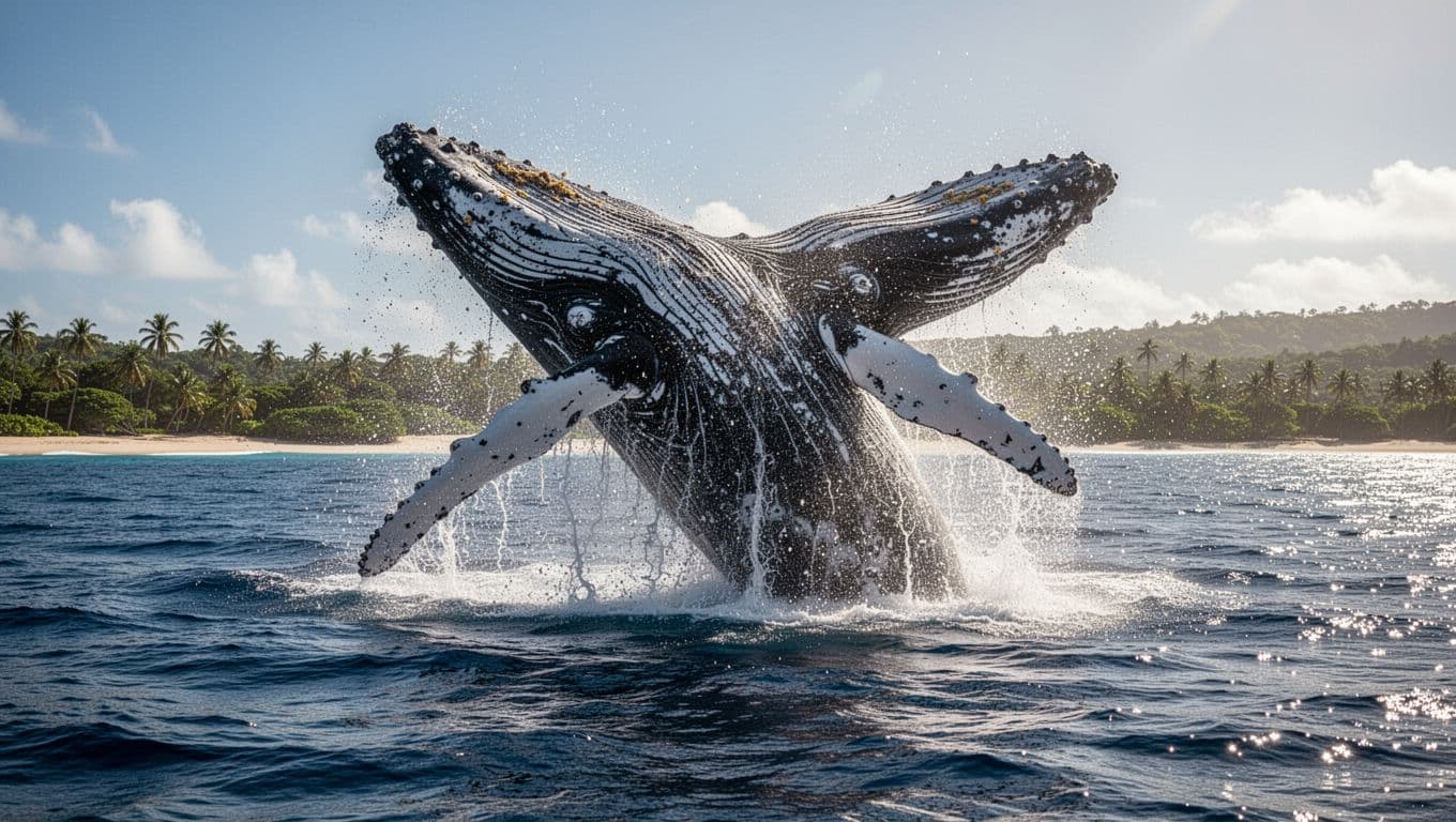 A massive humpback whale erupts from deep blue Hawaiian waters, sending a dramatic spray of mist into the air. The creature is silhouetted against sunlight, emphasizing its immense scale and power.