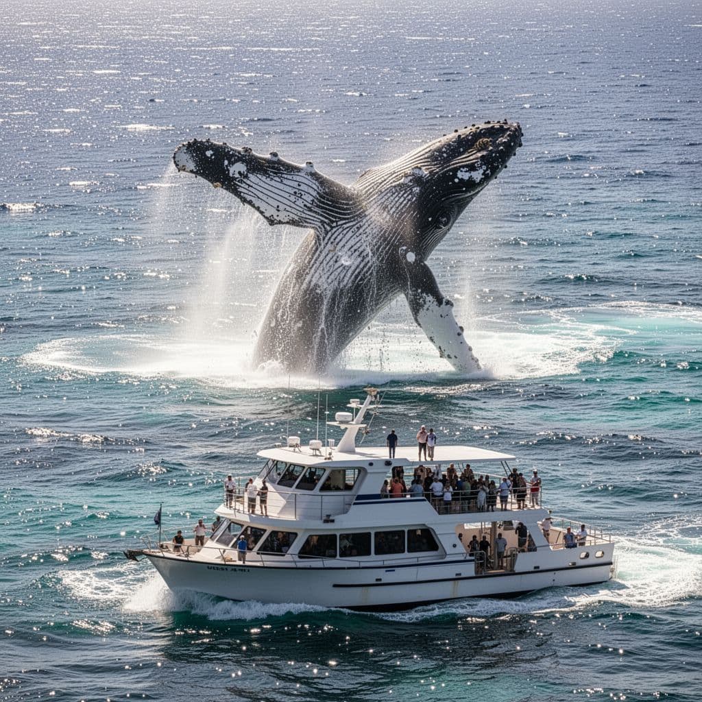 A massive humpback whale breaches high above the deep blue Pacific waves next to a large passenger boat. Sunlight highlights the creature's textured skin against the dramatic Hawaiian coastal backdrop.