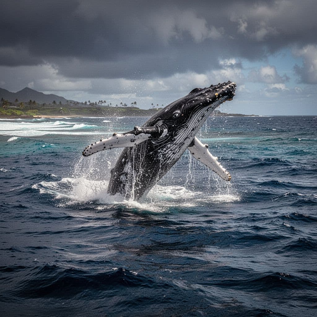 A massive humpback whale breaches above the dark blue ocean surface off the coast of Oahu.