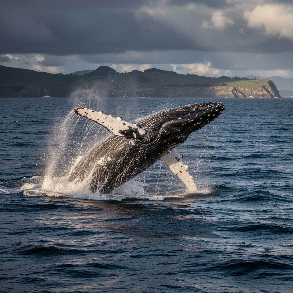 A massive humpback whale breaches above the ocean surface with the Oahu coastline visible in the distance.