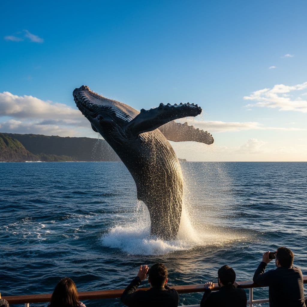 A humpback whale leaps high above the deep blue ocean surface near the Hawaiian coastline.