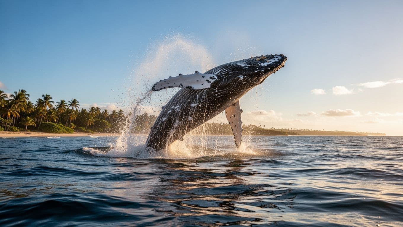 Humpback whale breaching dramatically out of ocean waves off the Oahu coastline, with water spraying high on a sunny golden hour day.