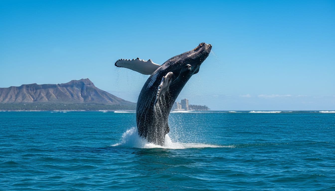 A humpback whale breaches dramatically from turquoise ocean waters near Oahu's rugged coastline, with Diamond Head volcano visible in the distance under a clear blue sky. Photorealistic wildlife scene captures mid-air action with water spray in vibrant blues and whites.