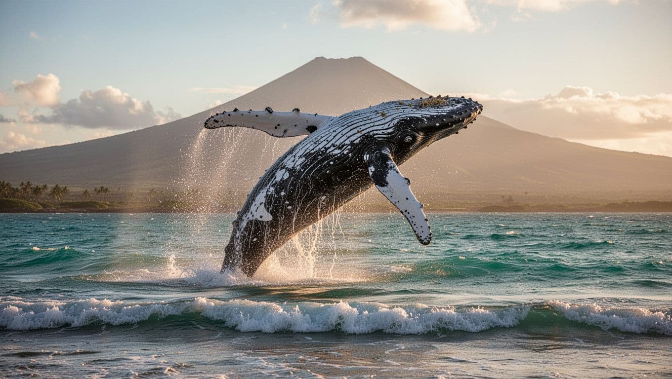 A majestic humpback whale breaches dramatically from turquoise waves along the Oahu coastline, with Diamond Head volcano in the distant background under golden hour lighting.