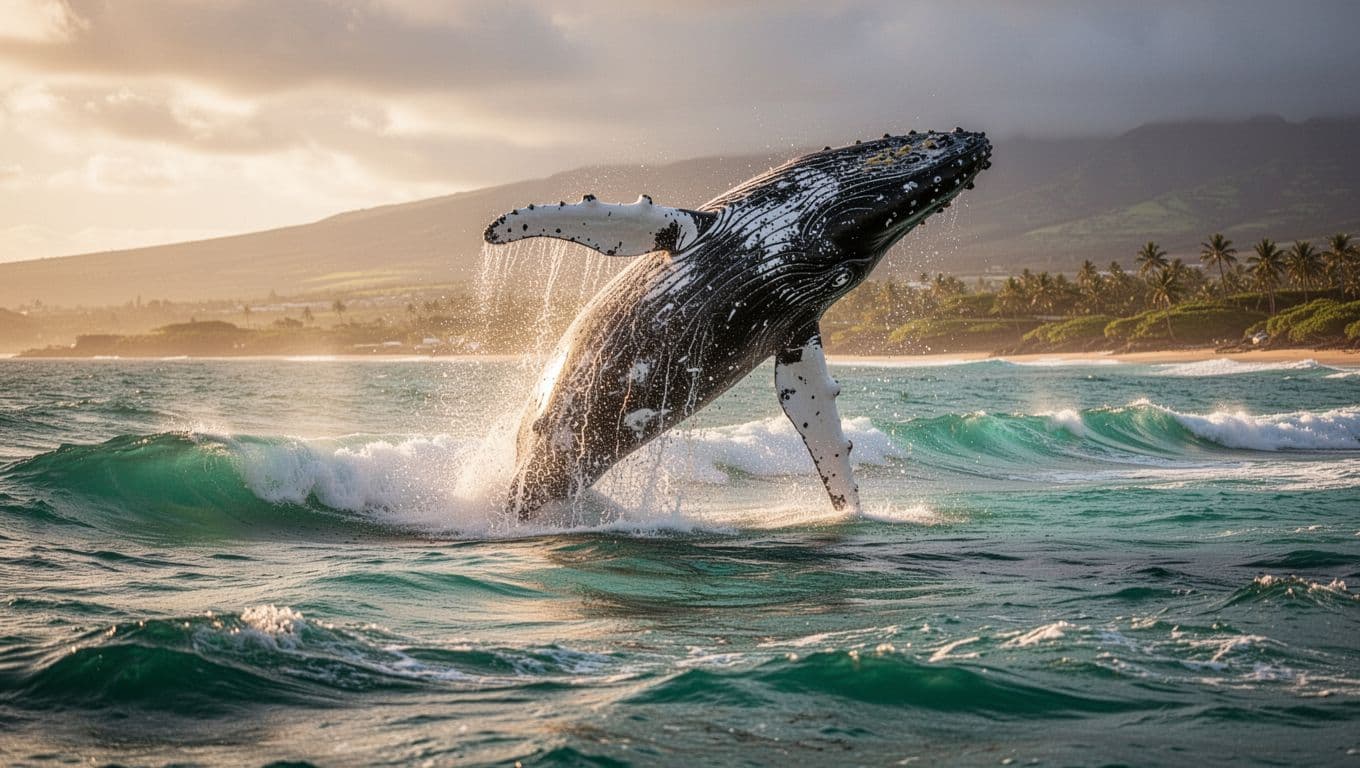 Majestic humpback whale breaching high from turquoise ocean waters near Oahu, with dramatic waves and golden hour sunlight creating cinematic contrast and depth.