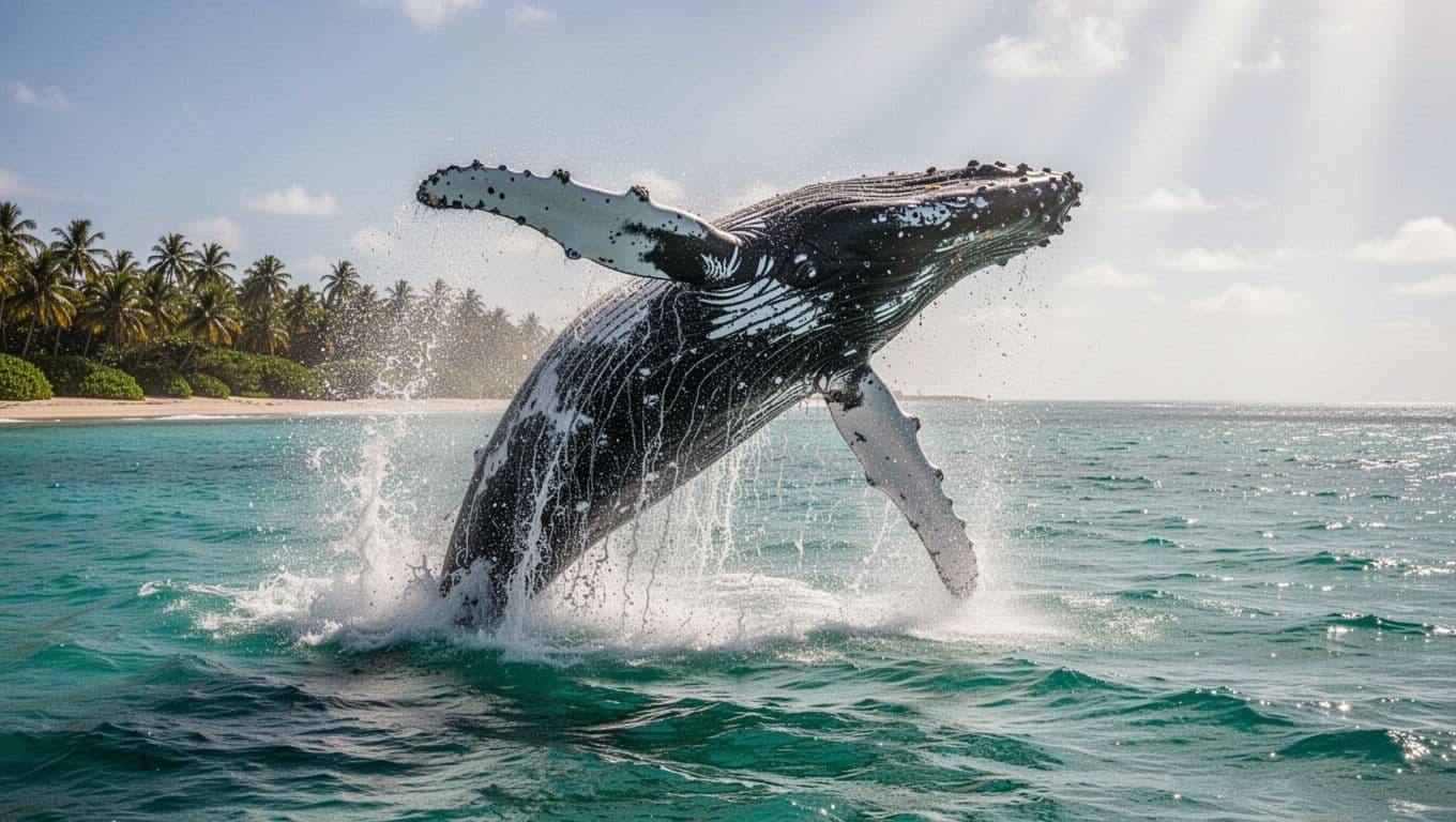 Humpback whale breaching fully out of turquoise ocean water near Oahu shoreline with dramatic splash and sunlight rays. Cinematic close medium shot focused on arched body and tail in strong contrast lighting.