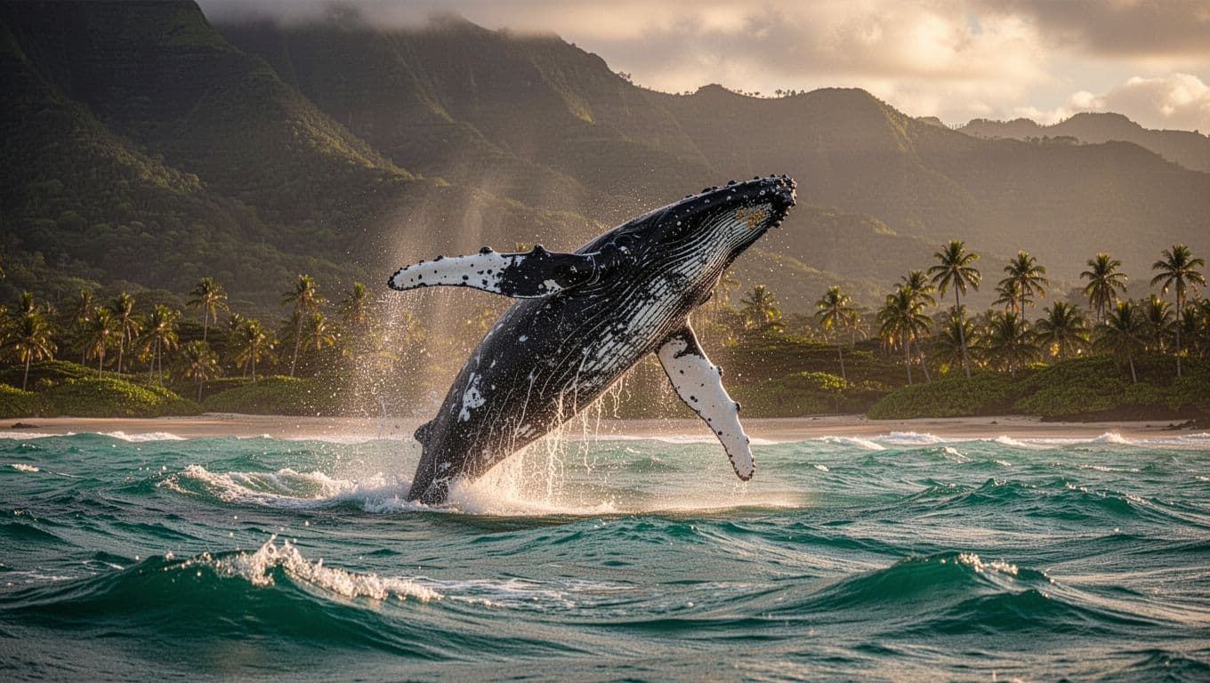 Humpback whale breaching dramatically out of turquoise ocean waves near Oahu shoreline with green mountains and palm trees in background, captured in cinematic golden hour lighting from a low angle.
