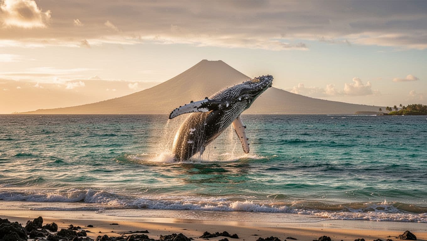 A majestic humpback whale breaches high from turquoise ocean waters off the Oahu coast near Waikiki, with Diamond Head volcano silhouette on the horizon under dramatic golden hour lighting.
