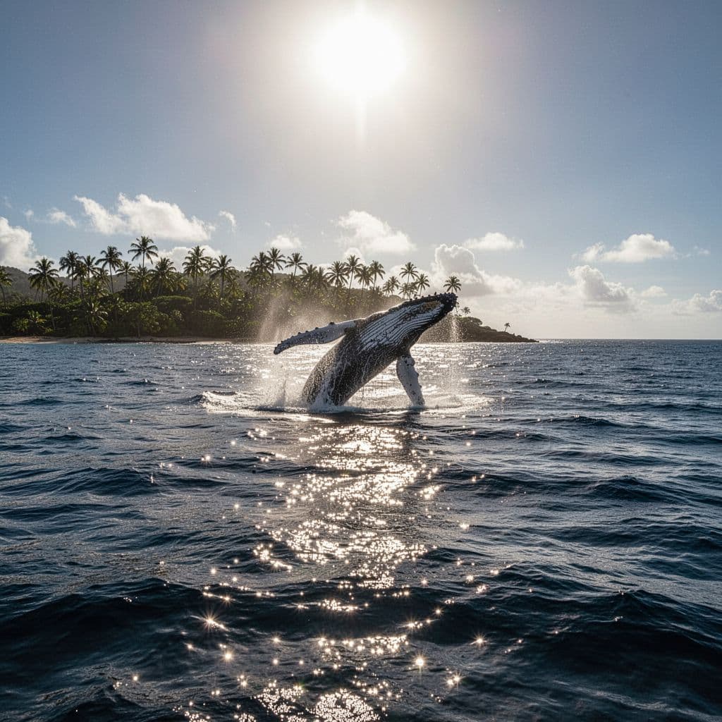 A humpback whale breaches above the surface of the Pacific Ocean with bright sun glare reflecting off the water.