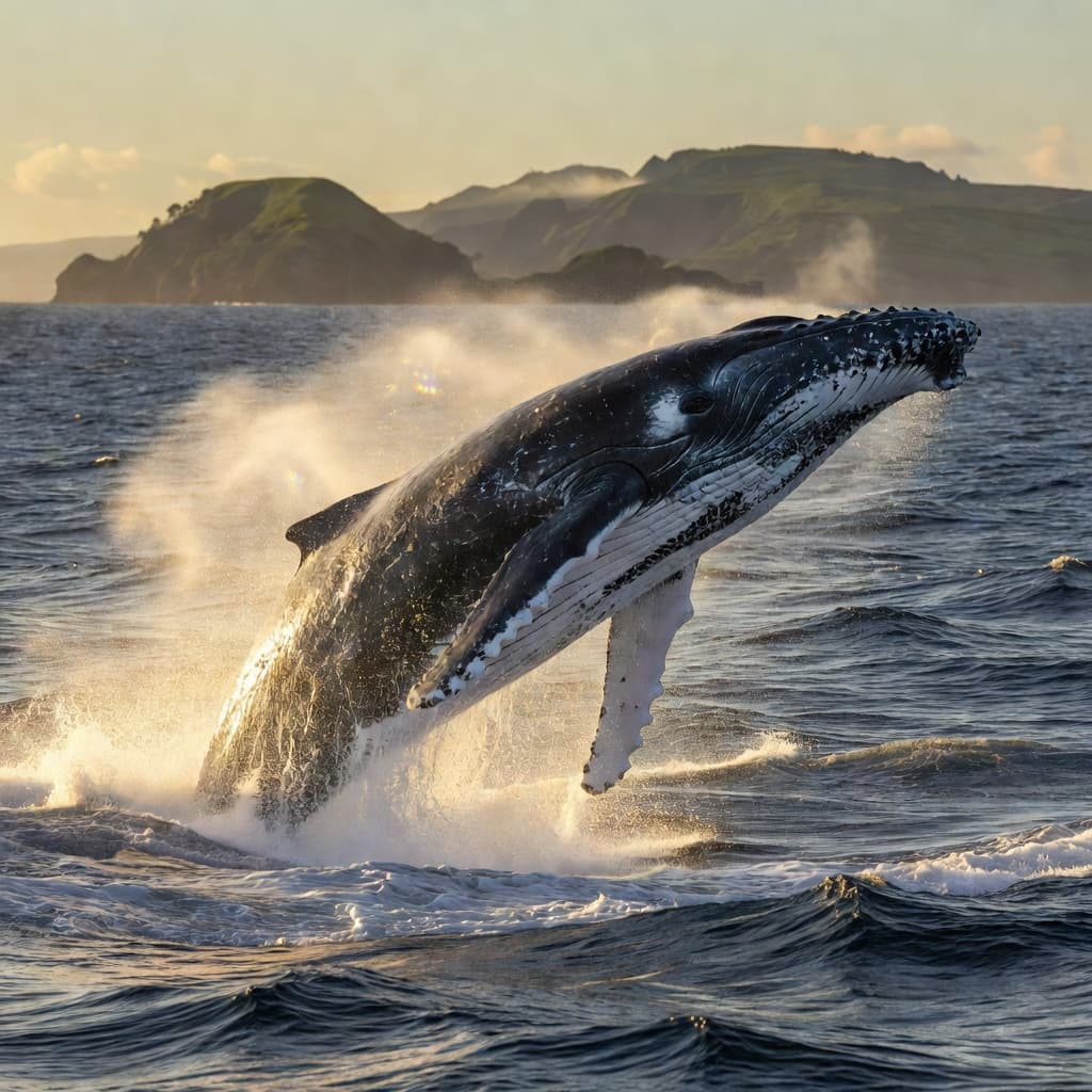 A massive humpback whale erupts from the deep blue Pacific waters, suspended in mid-air amidst a cloud of misty sea spray. The dramatic golden light highlights its textured, dark, rugged skin.