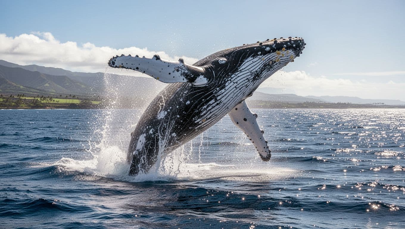 A massive humpback whale launches its body above the deep blue Pacific surface. Cascading water droplets sparkle in the intense sunlight, capturing the raw power and majesty of marine life.