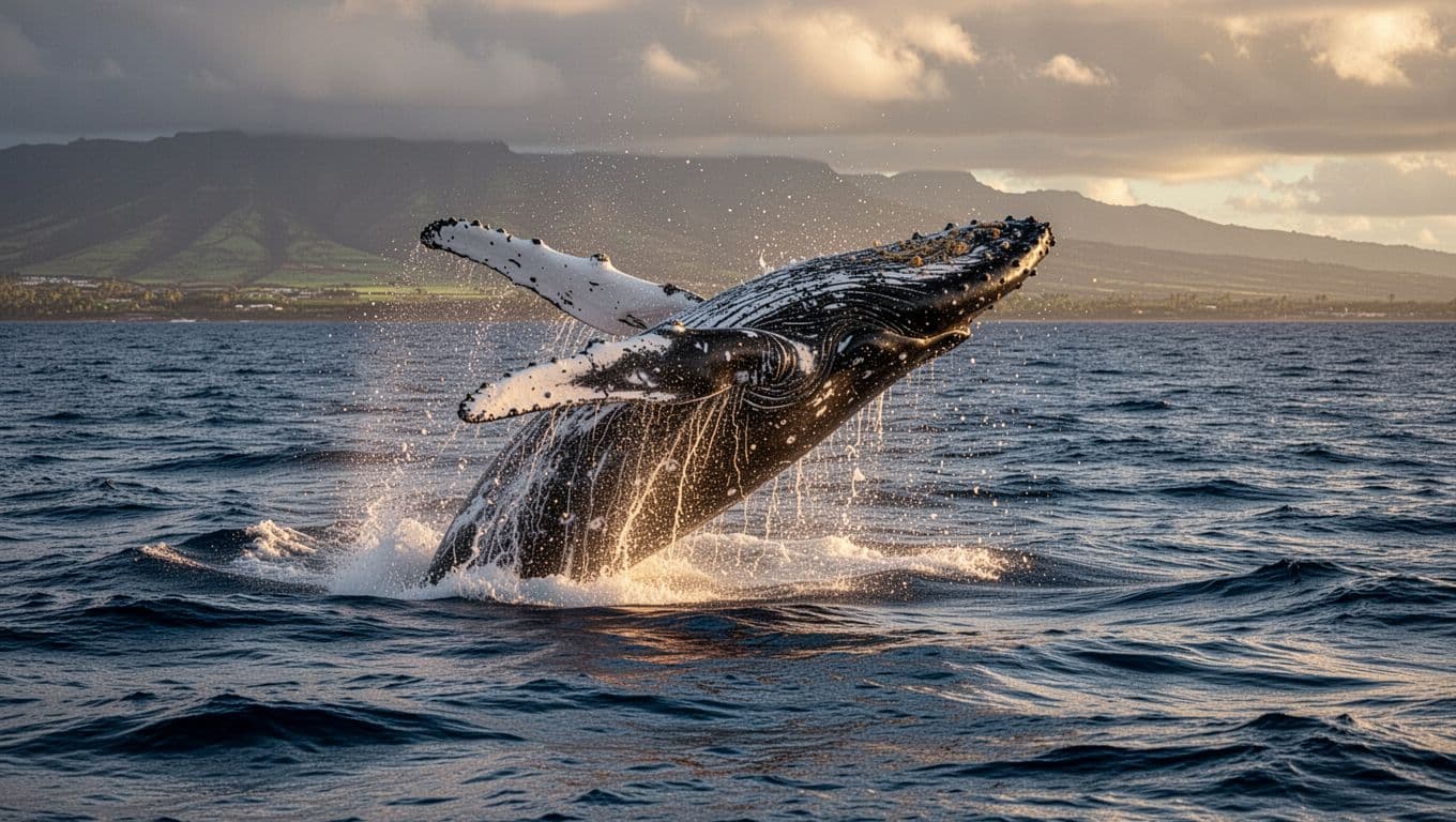 A massive humpback whale erupts from deep blue Pacific waters near the Hawaiian coastline. Dramatic spray and foam surround the creature as sunlight highlights its textured skin against the dark waves.