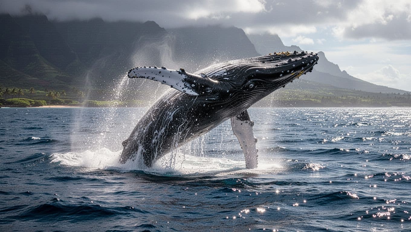 A massive humpback whale leaps high above the dark blue Pacific waves near the Hawaiian coastline. Droplets of saltwater glisten in the sunlight as the creature displays its powerful, textured fins.