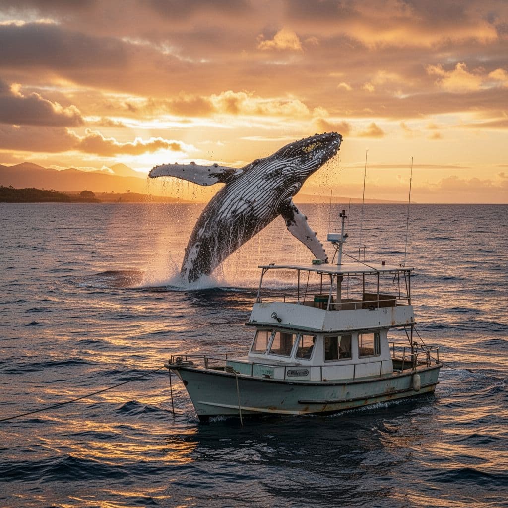 A humpback whale jumps from the ocean near a tourist boat during a vibrant Hawaiian sunset.