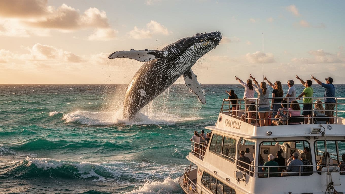 Humpback whale breaches turquoise waves near double-decker tour boat off Oahu, passengers on upper deck pointing excitedly.