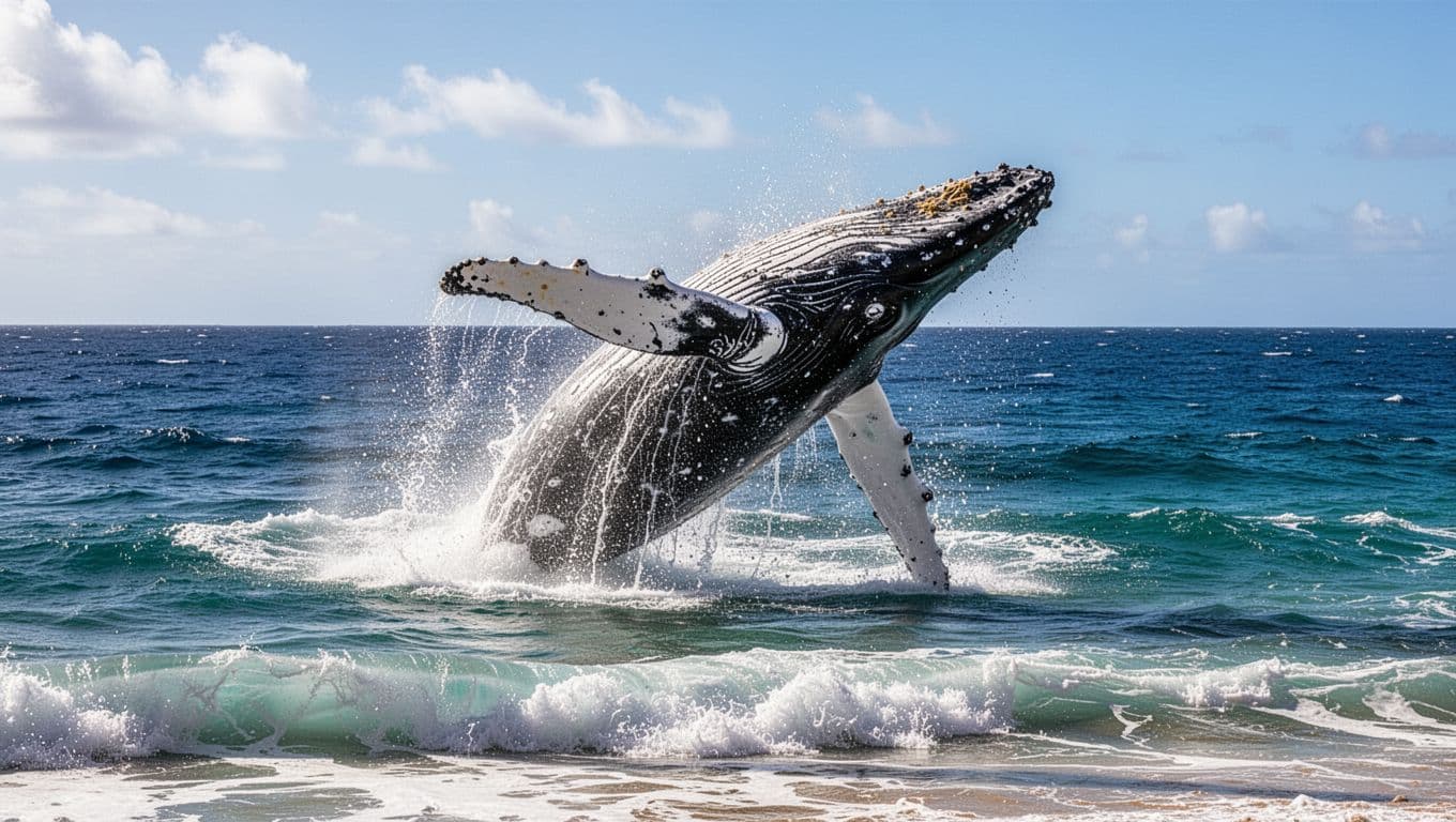 A massive humpback whale erupts from vibrant blue Pacific waters near the Waikiki coastline. Sunlight illuminates the dramatic spray of ocean waves as the whale creates a powerful splash mid-leap.