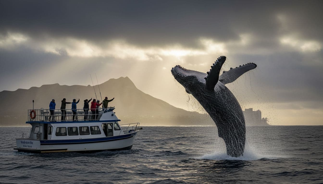 Humpback whale breaches choppy winter ocean near double-decker boat off Waikiki, passengers watching excitedly, Diamond Head in background.
