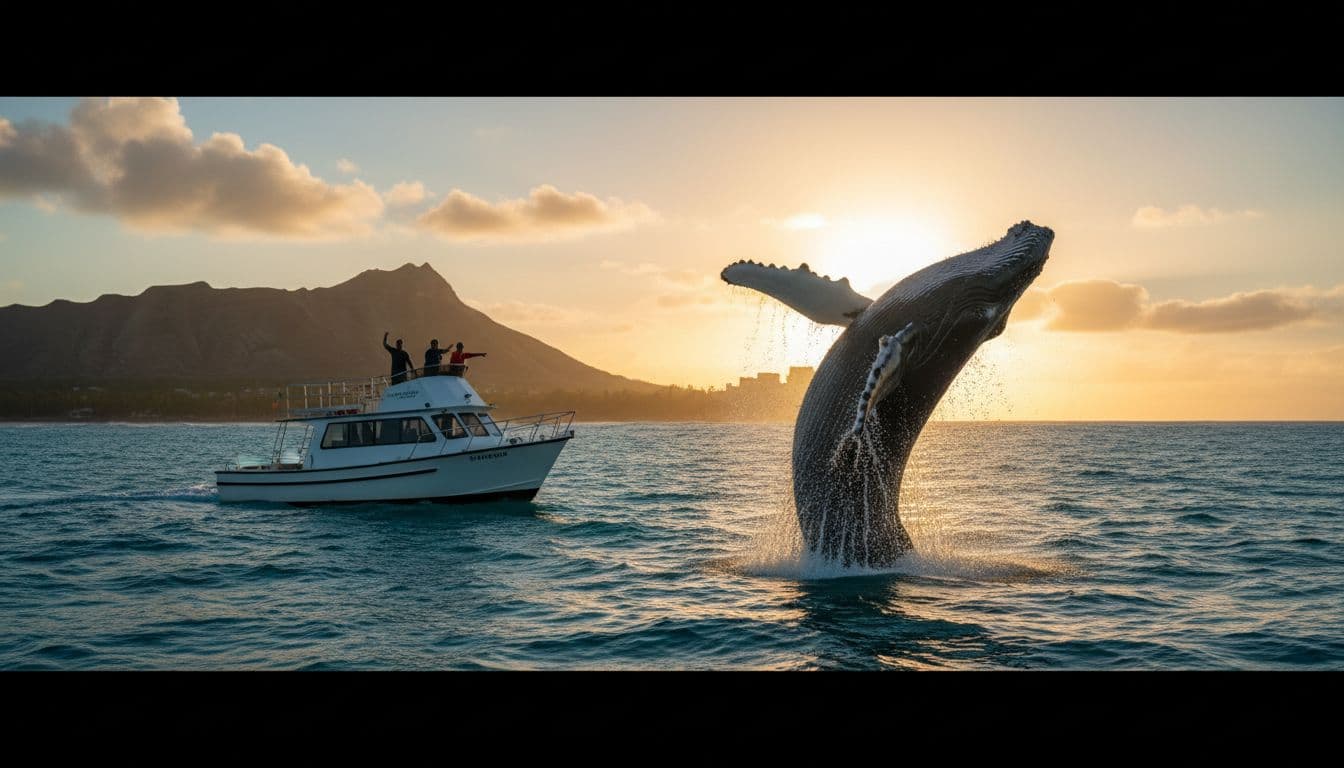 Humpback whale breaching high out of turquoise ocean waves near a white double-decker whale watching boat off Waikiki coast, Oahu Hawaii, with Diamond Head volcano in the distant background at golden hour sunset.