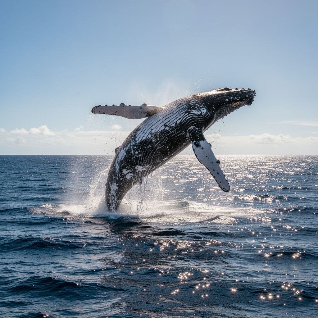 A large humpback whale leaps from the deep blue Pacific ocean on a sunny morning.