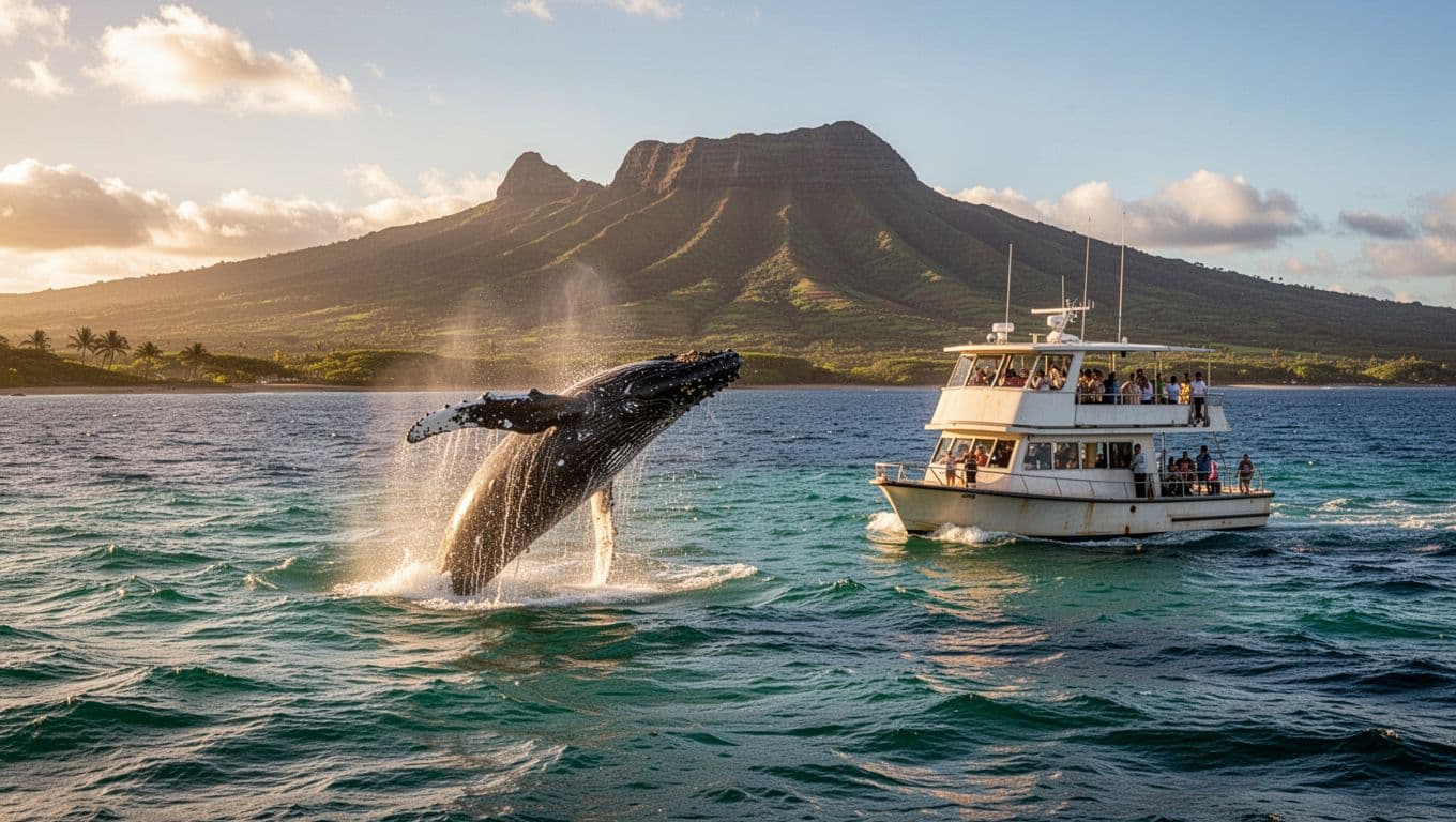 A humpback whale breaches high out of turquoise ocean waters near a double-decker tour boat off Waikiki Beach, Hawaii, with dramatic spray, golden hour sunlight, deep blue ocean, and Diamond Head volcano in the background.
