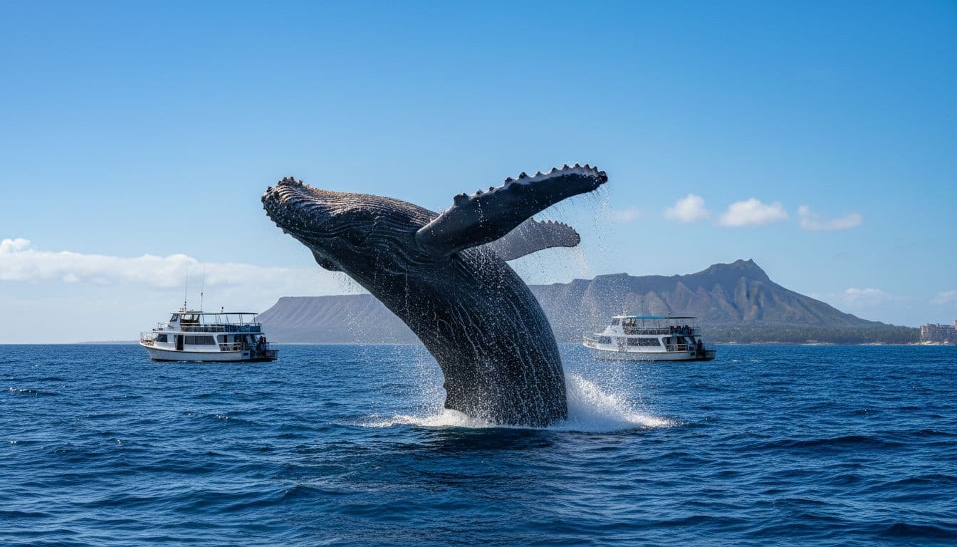 Humpback whale breaching the ocean surface near a double-decker tour boat off the Waikiki coast on Oahu, Hawaii, under sunny blue skies with splashing waves and distant Diamond Head volcano, captured in realistic photograph style with natural lighting.