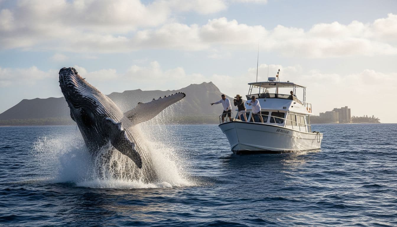 Humpback whale breaching surface near boat in Waikiki waters with spray mist and Diamond Head in distant ocean backdrop. Excited group of three people on boat deck pointing and watching safely from rail in cinematic style.