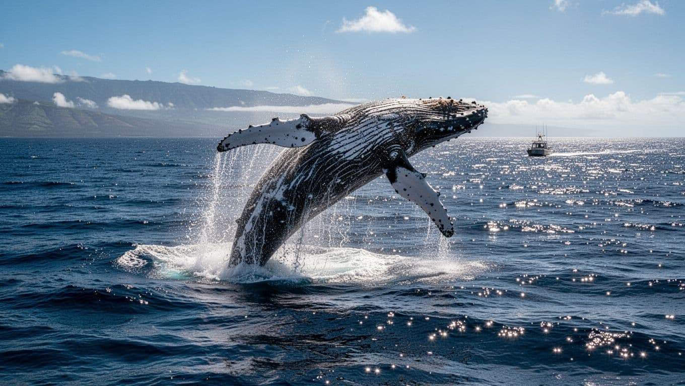A massive humpback whale rises from deep sapphire waters, its body arching mid-air while powerful sprays of white foam erupt around its frame. The distant ocean surface ripples under dramatic sunlight.